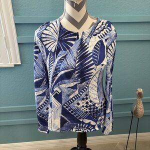 J. McLaughlin Women's Medium Cotton/Modal Palm Sleeve Crew Neck Top Blue/White